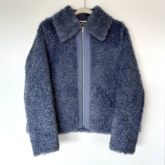 EUC Soia & Kyo DANIELA Faux Shearling Jacket Blue Size Medium Teddy Zip Coat - Picture 3 of 16